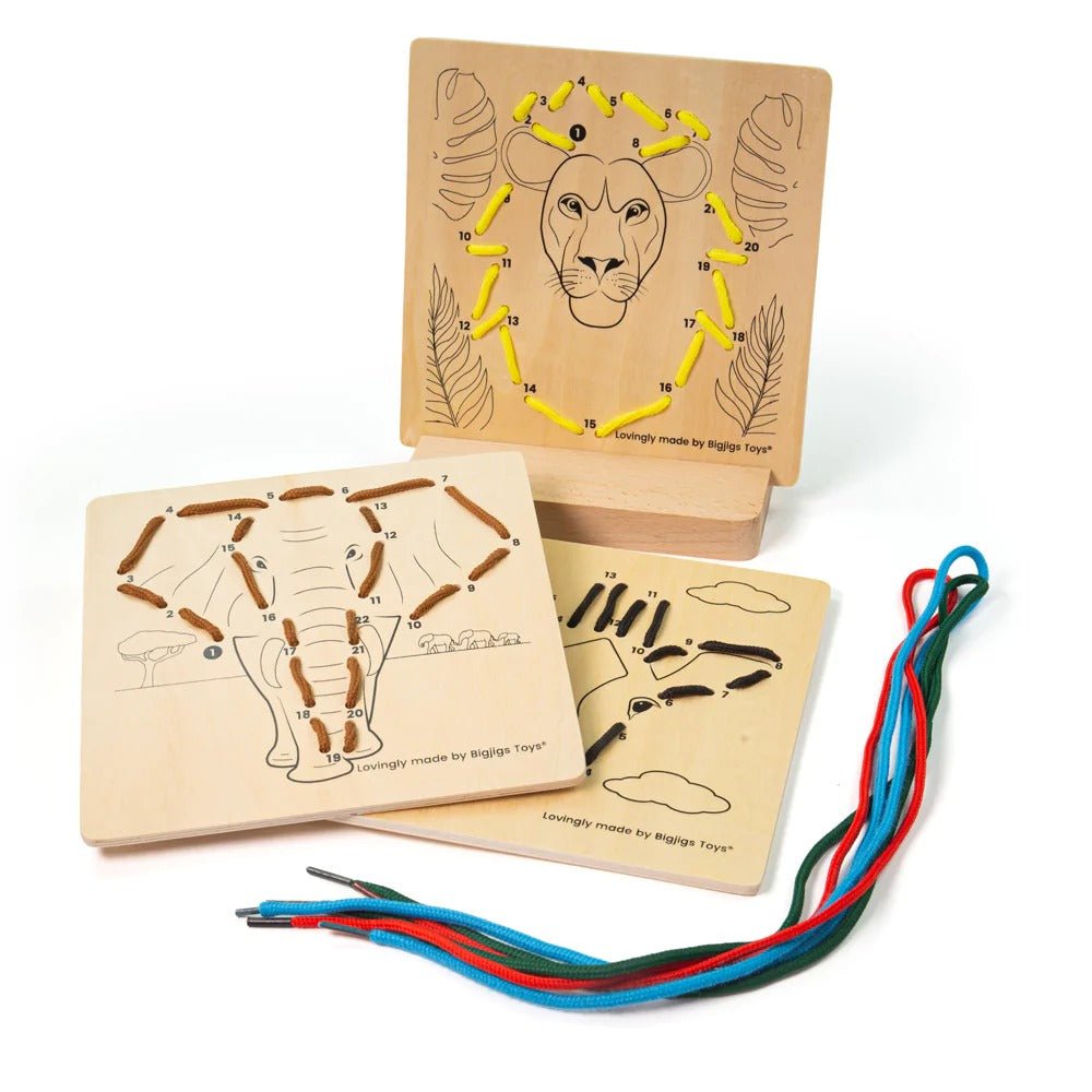 Lacing By Numbers - Jungle,Lacing By Numbers - Jungle: Fun and Educational Threading Game Thread the laces through the holes, following the numbers along the way! Lacing By Numbers - Jungle is a fantastic way to develop children’s counting and fine motor skills simultaneously. This engaging lacing game features three different wild animals, making learning fun and interactive. Features and Benefits: Engaging and Educational Play Counting and Sequencing: Lacing by numbers helps children practice counting and