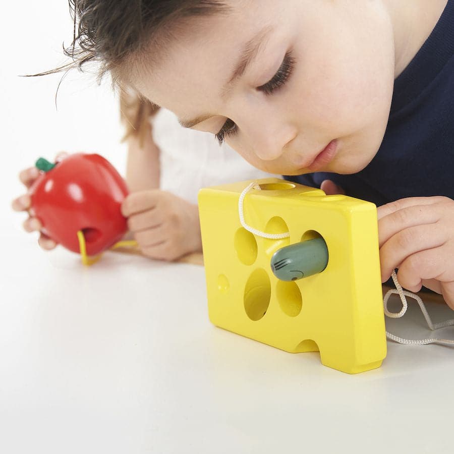 Lacing Cheese,The Lacing cheese toy is a bright and cute threading exercise for young children featuring a sneaky little mouse threading his way through a wedge of 'swiss cheese'! The Lacing cheese measures approximately 14cm x 9cm (and approximately 5cm 'depth' at the thicker end of the cheese wedge!). The mouse and the cheese are both wooden. The Lacing cheese is a great exercise for toddlers (or Pre-schoolers who require a little remediation with threading). The child builds hand-eye coordination, motor 