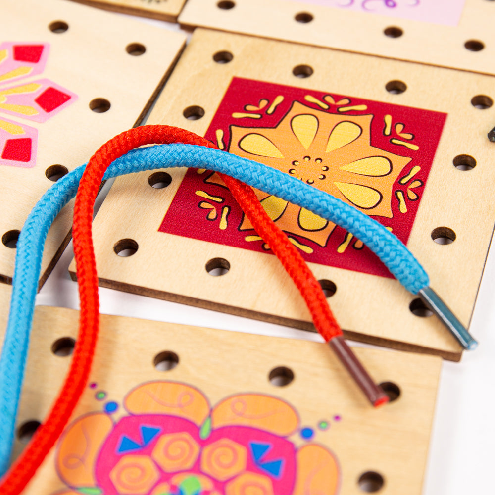 Lacing Tiles,Lace the wooden lacing tiles together to create a beautiful wooden patchwork quilt! Lacing games are a fantastic way to develop kids’ fine motor skills, creativity and dexterity as they feed the laces through the holes in the wooden patches. Our unique Lacing Tiles is packed with an array of vibrant colours and patterns to stimulate mini minds and keep them engaged. Comes with 16 wooden patches and a bunch of laces in blue, black, green, red, yellow and brown. Busy hands need to thread the lace