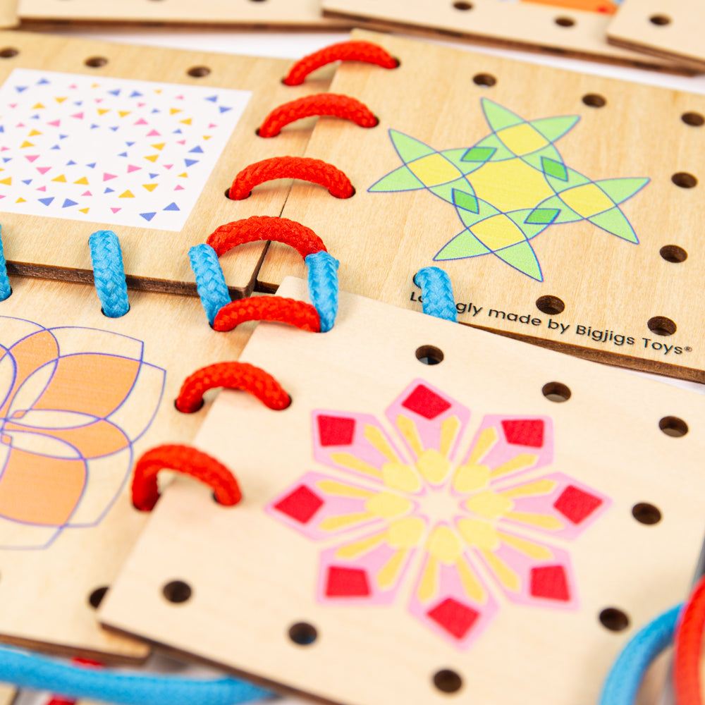 Lacing Tiles,Lace the wooden lacing tiles together to create a beautiful wooden patchwork quilt! Lacing games are a fantastic way to develop kids’ fine motor skills, creativity and dexterity as they feed the laces through the holes in the wooden patches. Our unique Lacing Tiles is packed with an array of vibrant colours and patterns to stimulate mini minds and keep them engaged. Comes with 16 wooden patches and a bunch of laces in blue, black, green, red, yellow and brown. Busy hands need to thread the lace