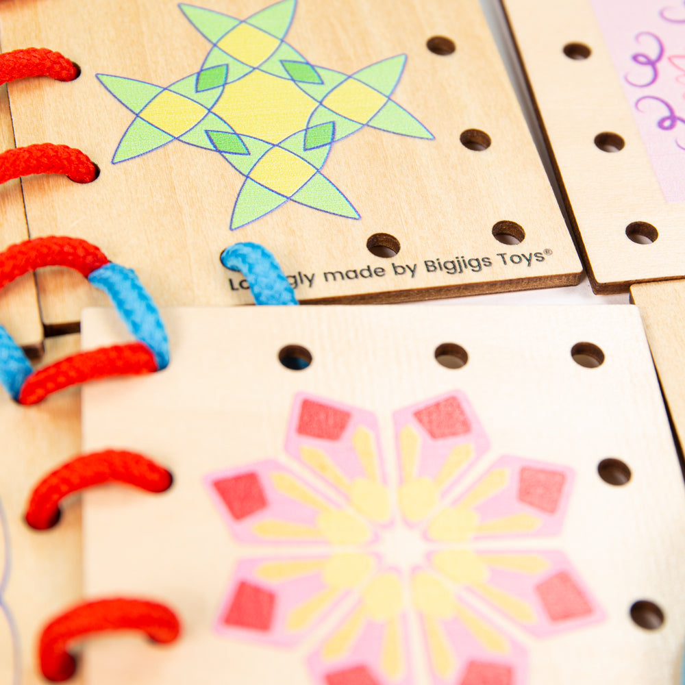 Lacing Tiles,Lace the wooden lacing tiles together to create a beautiful wooden patchwork quilt! Lacing games are a fantastic way to develop kids’ fine motor skills, creativity and dexterity as they feed the laces through the holes in the wooden patches. Our unique Lacing Tiles is packed with an array of vibrant colours and patterns to stimulate mini minds and keep them engaged. Comes with 16 wooden patches and a bunch of laces in blue, black, green, red, yellow and brown. Busy hands need to thread the lace