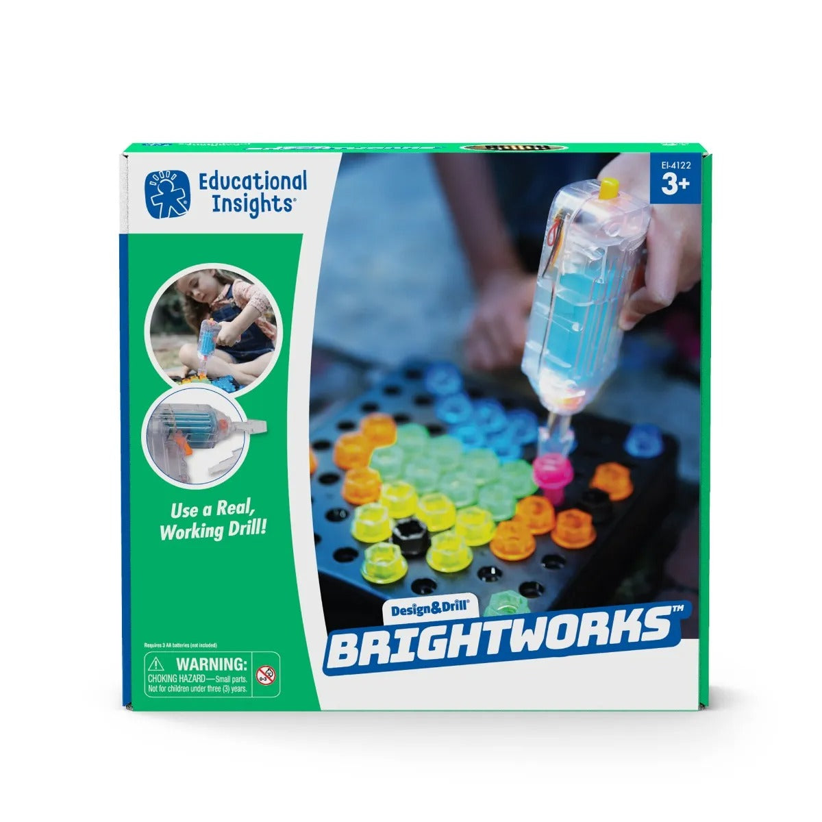 Learning Resources Brightworks Design & Drill,With Brightworks Design and Drill you can see your designs light up in the dark! It’s so simple to use - just screw in different translucent, coloured bolts into a board of holes using the electric toy drill and they will automatically light up. Create one of your own designs or follow one of the 12 patterns in the full-colour guide, including a television, a boat and a jet plane! The coloured, translucent bolts light up as they are fitted onto the board and the