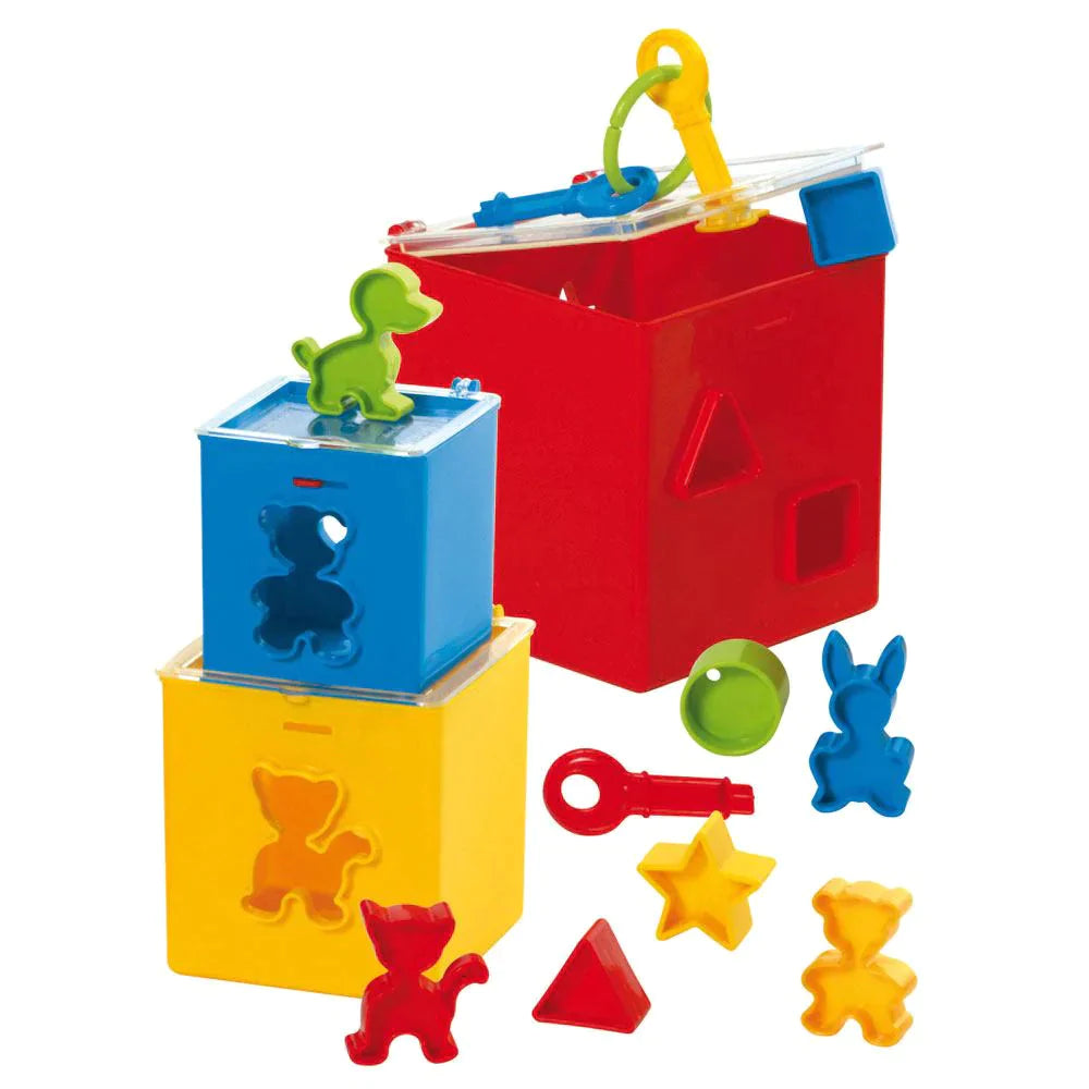 Locking Puzzle Box,This Locking Puzzle Box features three shape sorters with a variety of different shapes. Sort and slot them through the correct hole in the correct box! Unlock the puzzle box's clear lid using the colour coordinated key to empty the shape sorter and start again! When playtime's over, stack the shape sorters inside one another and lock up your puzzle until it's time to play again. Gowi Toys are manufactured to strict safety standards using bright, bold colours and encourage early childhood