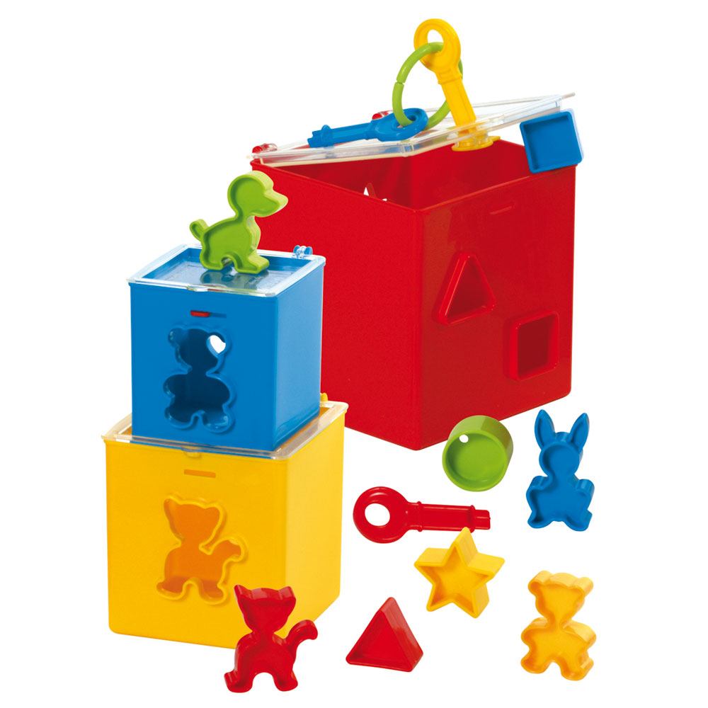 Locking Puzzle Box,This Locking Puzzle Box features three shape sorters with a variety of different shapes. Sort and slot them through the correct hole in the correct box! Unlock the puzzle box's clear lid using the colour coordinated key to empty the shape sorter and start again! When playtime's over, stack the shape sorters inside one another and lock up your puzzle until it's time to play again. Gowi Toys are manufactured to strict safety standards using bright, bold colours and encourage early childhood