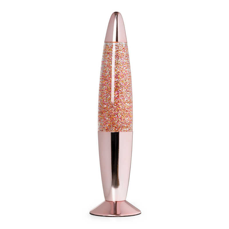 Lumez Glitter Lamp - Rose Gold,Step back in time with the Lumez Glitter Lamp in Rose Gold, where classic retro styling meets modern elegance. This striking lamp features a warm rose gold finish, perfectly complementing the dynamic dance of glitter within its cylinder. It's an ideal addition to any room looking to add a touch of glamour and a nostalgic flair. Features of the Lumez Glitter Lamp - Rose Gold: Vibrant Glitter Motion: When the lamp is activated, the heat from the light bulb warms the glitter-fill