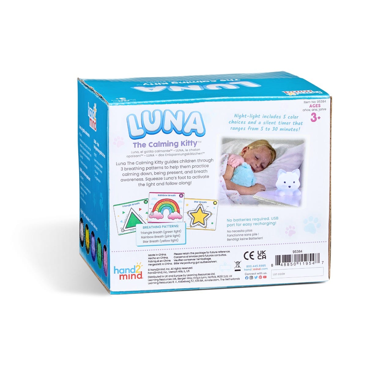 Luna The Calming Kitty,Luna The Calming Kitty Luna The Calming Kitty is the ideal companion for children who need help managing stress and finding calm. This squishy, soothing feline is designed to promote mindfulness and deep breathing, making it perfect for use at home, school, or on the go. Luna also doubles as a colourful night-light to provide comfort at bedtime. Luna The Calming Kitty Features: Breathing Patterns: Luna offers 3 different guided breathing patterns to help children practise mindfulness 