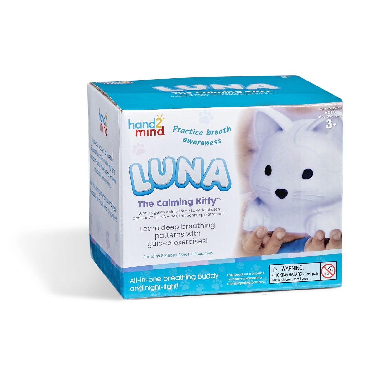 Luna The Calming Kitty,Luna The Calming Kitty Luna The Calming Kitty is the ideal companion for children who need help managing stress and finding calm. This squishy, soothing feline is designed to promote mindfulness and deep breathing, making it perfect for use at home, school, or on the go. Luna also doubles as a colourful night-light to provide comfort at bedtime. Luna The Calming Kitty Features: Breathing Patterns: Luna offers 3 different guided breathing patterns to help children practise mindfulness 