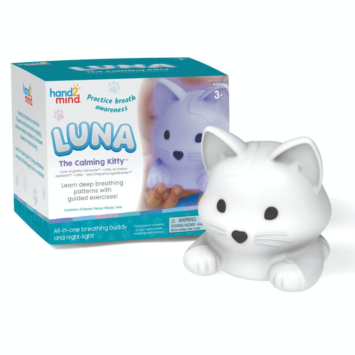 Luna The Calming Kitty,Luna The Calming Kitty Luna The Calming Kitty is the ideal companion for children who need help managing stress and finding calm. This squishy, soothing feline is designed to promote mindfulness and deep breathing, making it perfect for use at home, school, or on the go. Luna also doubles as a colourful night-light to provide comfort at bedtime. Luna The Calming Kitty Features: Breathing Patterns: Luna offers 3 different guided breathing patterns to help children practise mindfulness 