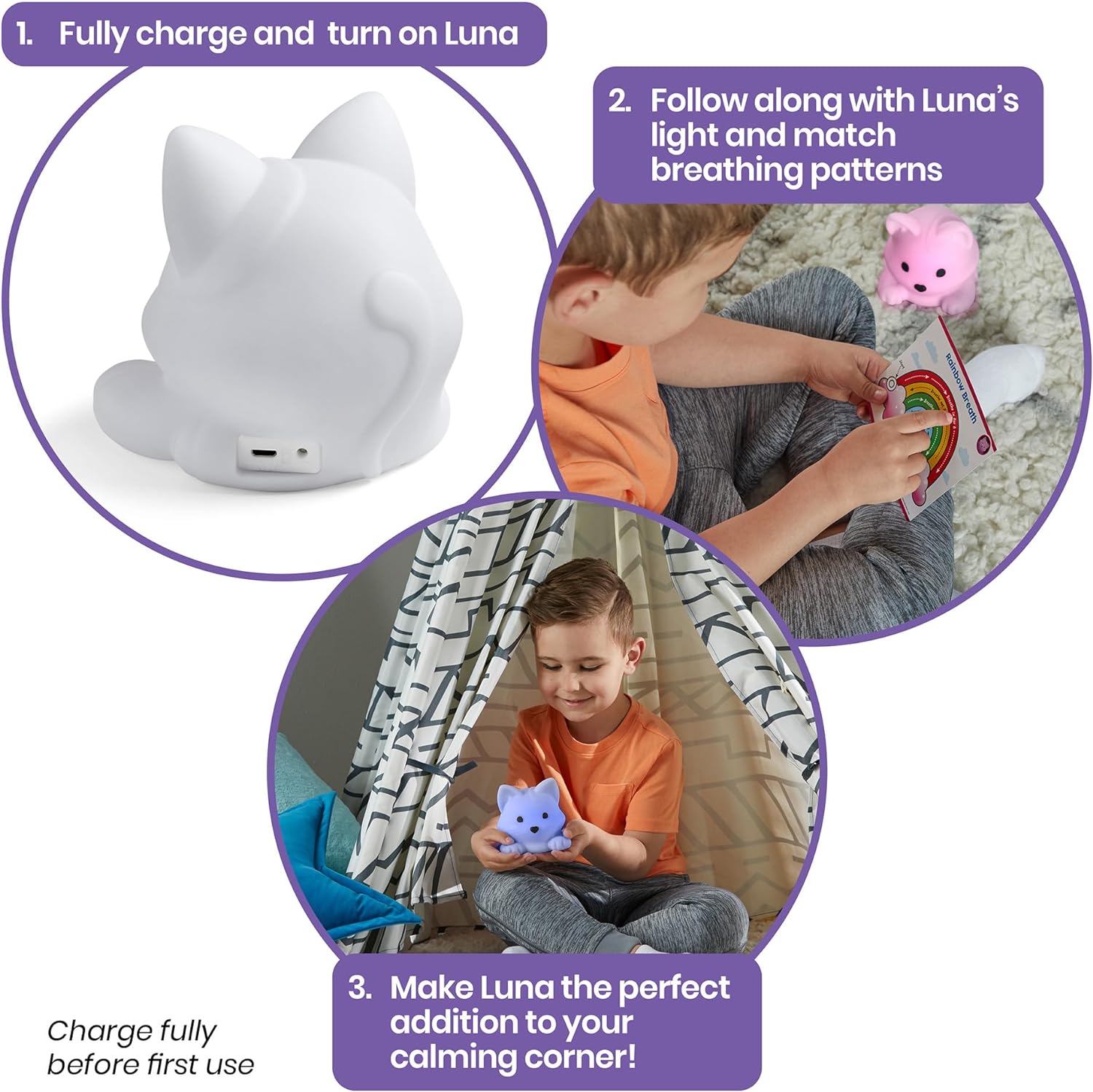 Luna The Calming Kitty,Luna The Calming Kitty Luna The Calming Kitty is the ideal companion for children who need help managing stress and finding calm. This squishy, soothing feline is designed to promote mindfulness and deep breathing, making it perfect for use at home, school, or on the go. Luna also doubles as a colourful night-light to provide comfort at bedtime. Luna The Calming Kitty Features: Breathing Patterns: Luna offers 3 different guided breathing patterns to help children practise mindfulness 