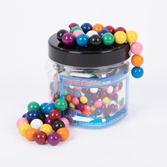 Magnetic Coloured Marbles Tub - Pk100,Introduce young learners to the captivating world of magnetism with our Magnetic Coloured Marbles Tub. Each marble in this vibrant collection contains a hidden magnet, allowing them to attract, repel, and interact in fascinating ways. Key Features: Educational Fun: With 100 marbles in assorted colours, children can engage in hands-on exploration of magnetism while developing essential skills such as counting, sorting, and colour recognition. Supports Learning: This tub 