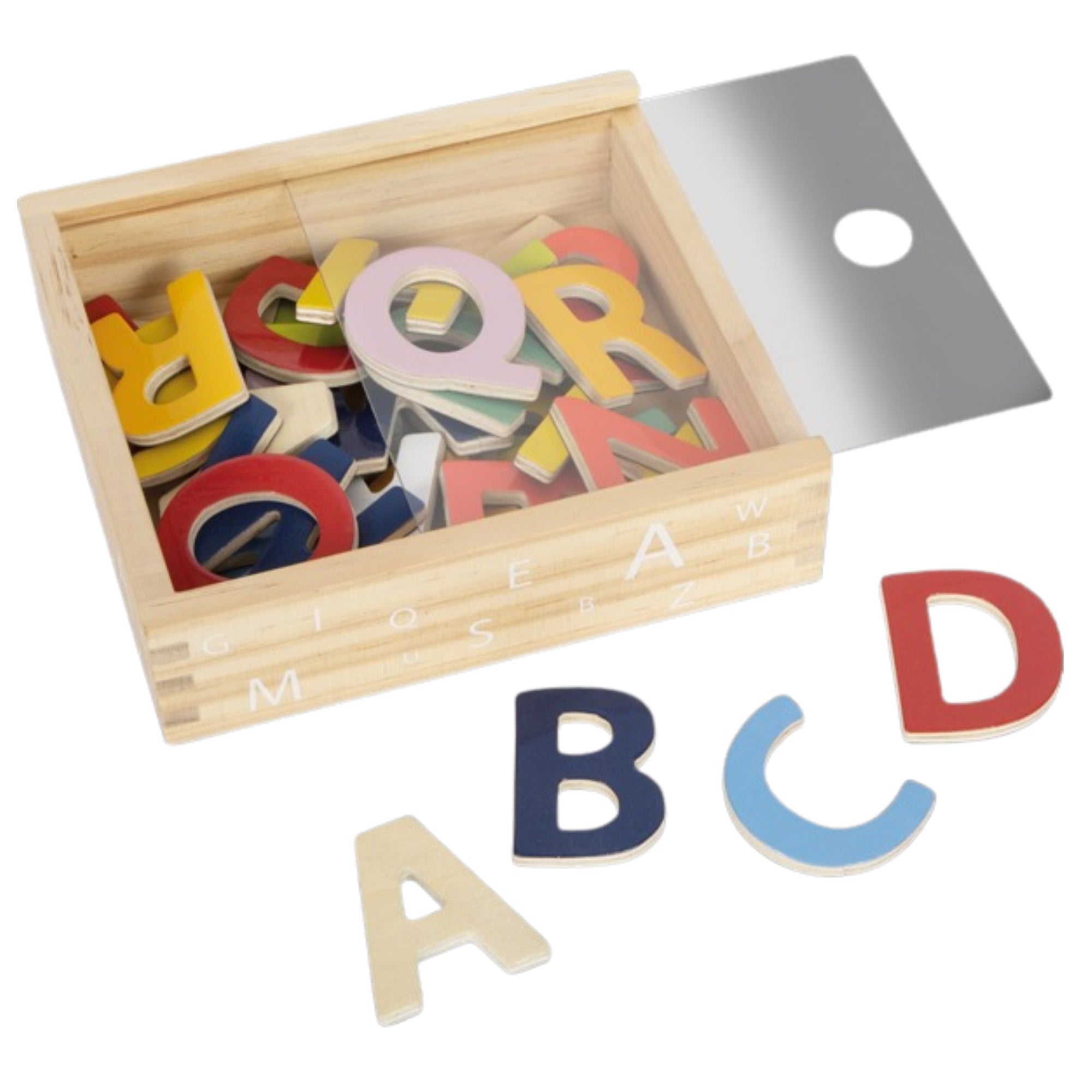 Magnetic Letters,Encourage your child's early literacy skills with our vibrant set of Magnetic Letters. This engaging set includes 37 colourful, magnetically coated wooden letters, each adorned with fun motifs that correspond to the alphabet. Perfect for sticking to any magnetic surface, these letters turn everyday items like the refrigerator or a blackboard into interactive learning tools. Stored in a practical wooden box, this set makes learning the ABCs a playful adventure. Key Features 37 Magnetic Lette