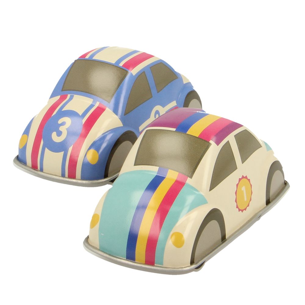 Majigg Pull Back Tin Car,Experience Classic Fun with the Pull Back Tin Car The Pull Back Tin Car by Heritage toy makers Majigg brings back the joy of traditional play for children. Resembling a vintage Beetle racing car, this delightful automobile features classic stripes in retro colorways. Key Features: Simple Operation: With a gentle pull back and release on a smooth surface, the tin car zooms forward under its own power. This simple yet exciting action engages children and teaches them about cause and e