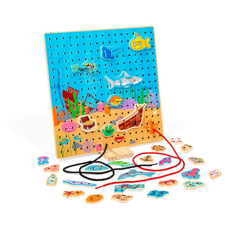 Marine Lace-A-Shape,Ready for an under the sea adventure? Thread the laces through the marine shapes and onto the baseboard to create an exciting sea scene. Wooden threading toys are a fun way to develop kids’ hand-eye coordination, fine motor and sequencing skills. Our Marine Lacing Game For Toddlers features 30 different marine-inspired shapes and six different coloured laces. Youngsters need to simply thread the laces through the shapes and onto the baseboard to create a picture. Made from high quality, 