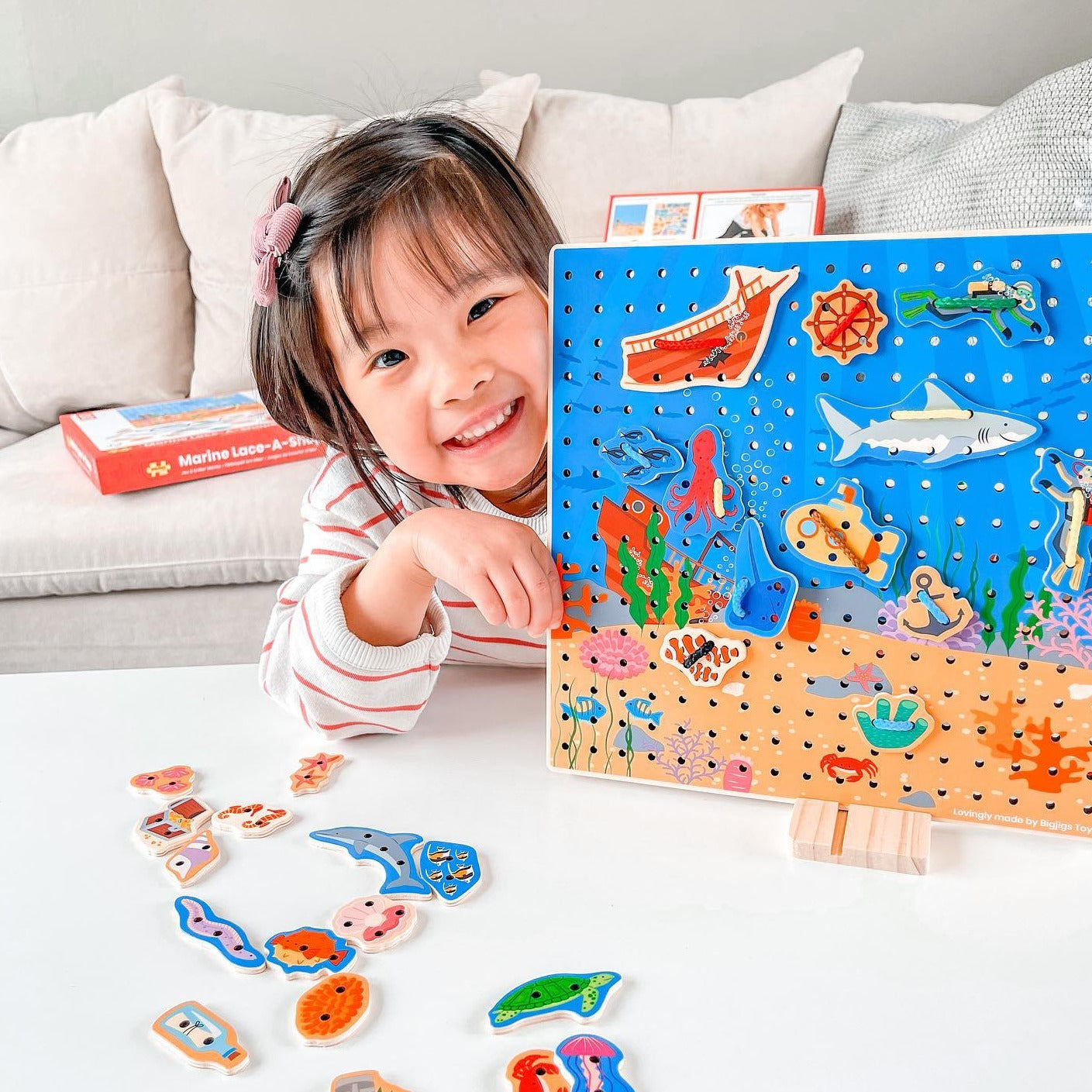 Marine Lace-A-Shape,Ready for an under the sea adventure? Thread the laces through the marine shapes and onto the baseboard to create an exciting sea scene. Wooden threading toys are a fun way to develop kids’ hand-eye coordination, fine motor and sequencing skills. Our Marine Lacing Game For Toddlers features 30 different marine-inspired shapes and six different coloured laces. Youngsters need to simply thread the laces through the shapes and onto the baseboard to create a picture. Made from high quality, 