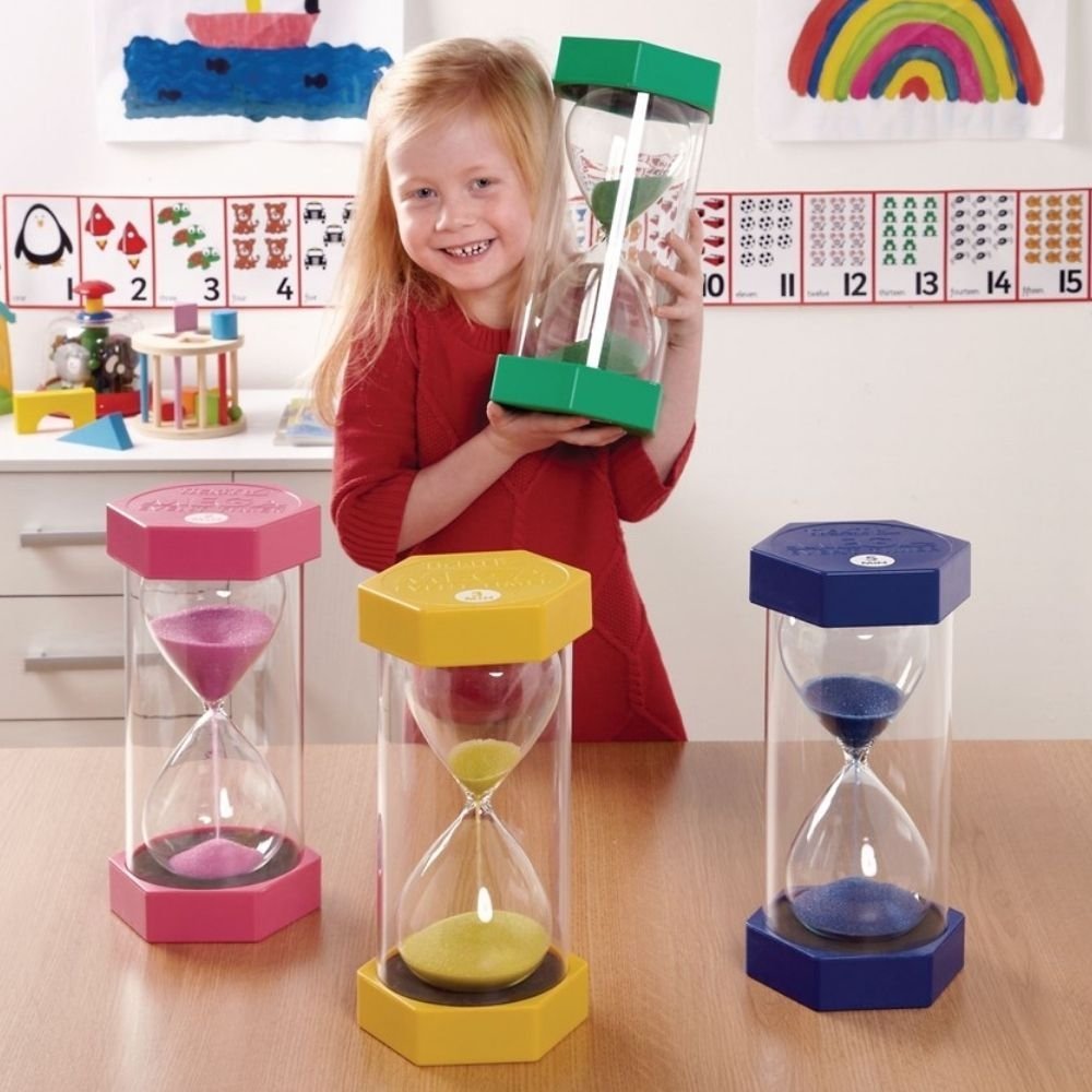 Mega Sand Timer 1 Minute,These Mega sand timers are probably the largest sand timers in existence at 300mm in height. The Mega sand timer counts for 1 minute and is visually stunning and perfect for use in a classroom setting. The Mega sand timers have large moulded end caps and thick protective walls which allow for safe and easy handling. A modern hourglass design inside a safe shatterproof plastic container. The movement of the colourful sand captures your child's attention and allows them to visualise t