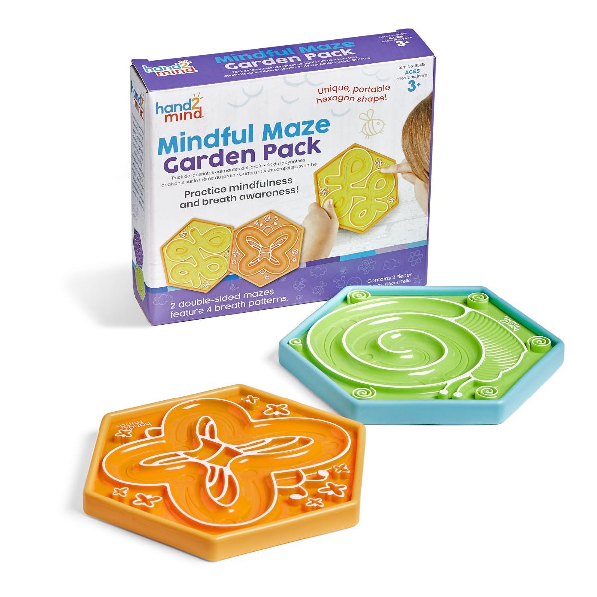 Mindful Maze Garden Pack,Practise breathing and awareness with this Mindful Maze Garden Pack tactile set for children. The Mindful Maze Garden Pack is an ideal resource to help children focus on their breathing at home or in the classroom through guided prompts and activities inspired by nature. To use, children trace their fingers along a design on these double-sided boards, using the winding Lazy River, curved Butterfly, Snail spiral, or blooming Flower breath patterns to calm and focus their attention. M