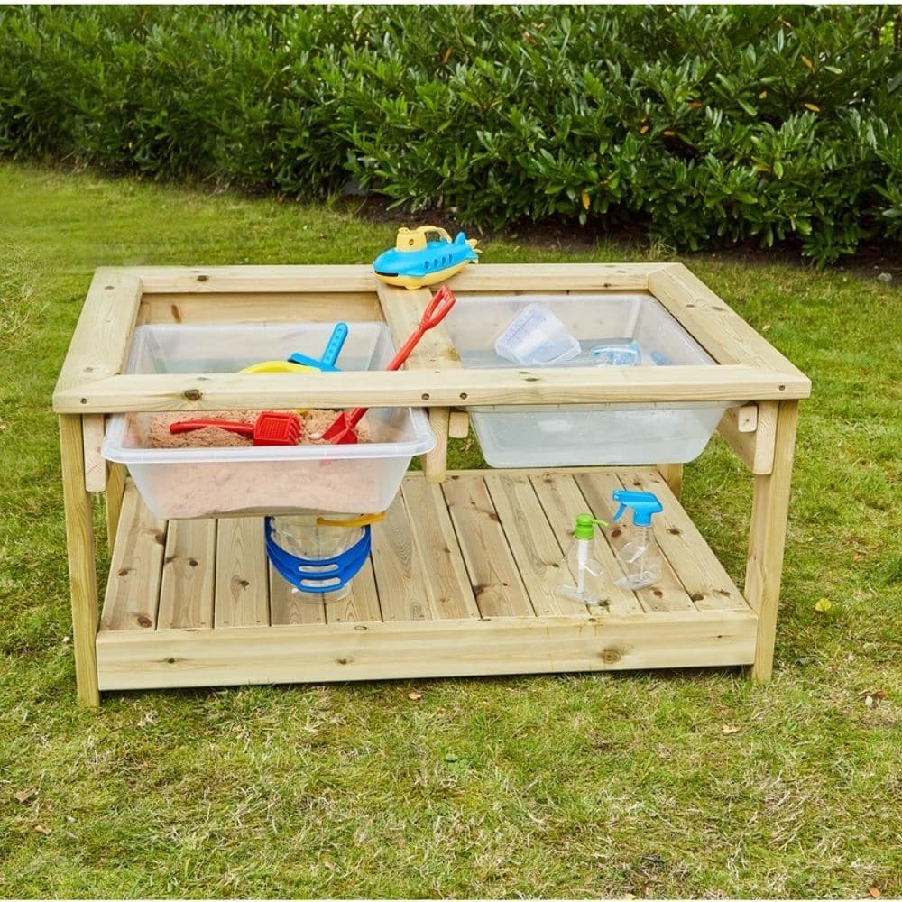 Mix, Sieve & Sort Table,This rustic, two compartment Mix, Sieve & Sort Table is ideal for group collaboration. This brilliant Mix, Sieve & Sort Table enables children to explore materials, create messy concoctions or experiment with liquids. Featuring two pull out trays, two sliding bars and a storage shelf below. Use wet materials in one tray and dry in the other. The flat ledge is perfect for balancing containers. The Mix, Sieve & Sort Table is the perfect base unit for sand & water play, messy play and m