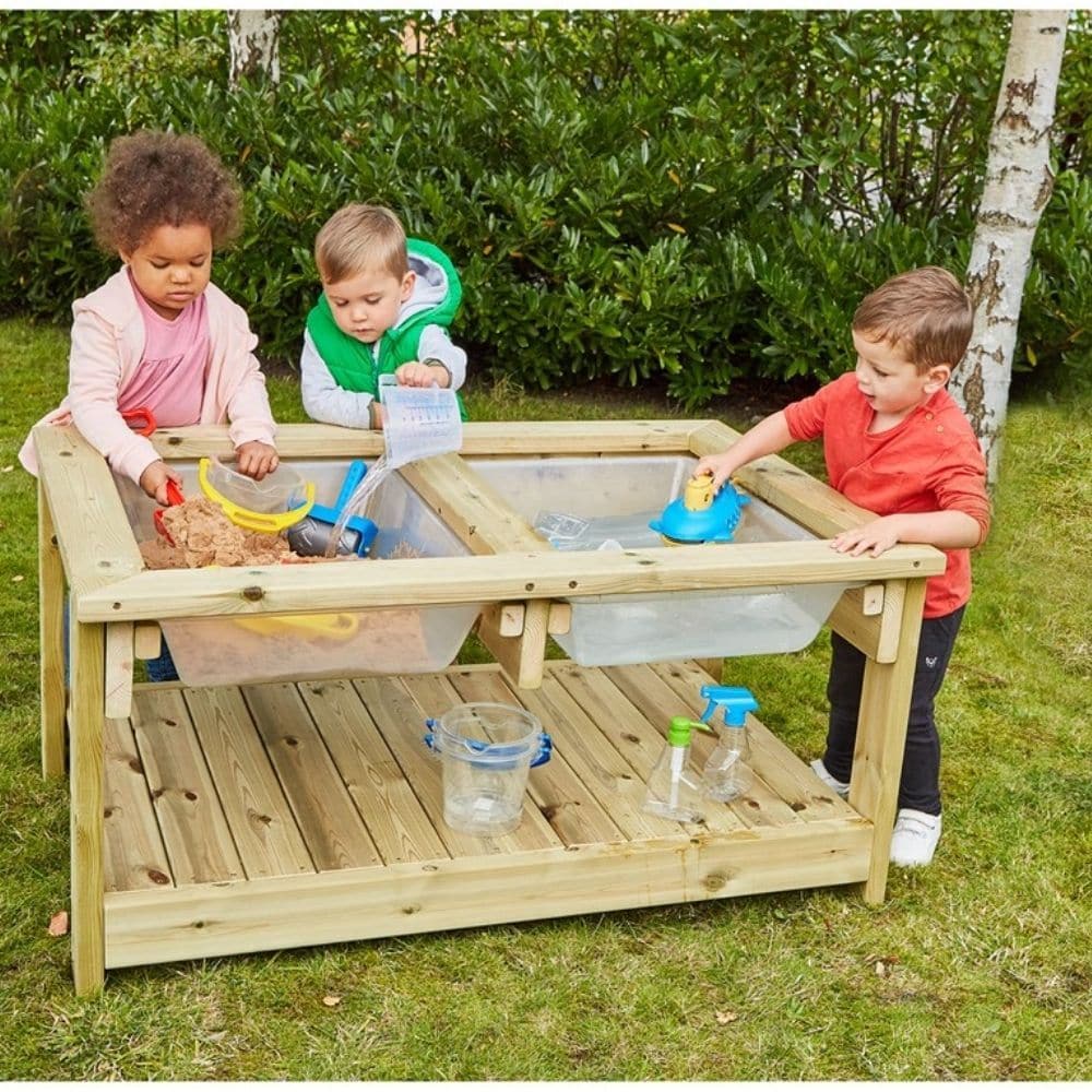 Mix, Sieve & Sort Table,This rustic, two compartment Mix, Sieve & Sort Table is ideal for group collaboration. This brilliant Mix, Sieve & Sort Table enables children to explore materials, create messy concoctions or experiment with liquids. Featuring two pull out trays, two sliding bars and a storage shelf below. Use wet materials in one tray and dry in the other. The flat ledge is perfect for balancing containers. The Mix, Sieve & Sort Table is the perfect base unit for sand & water play, messy play and m