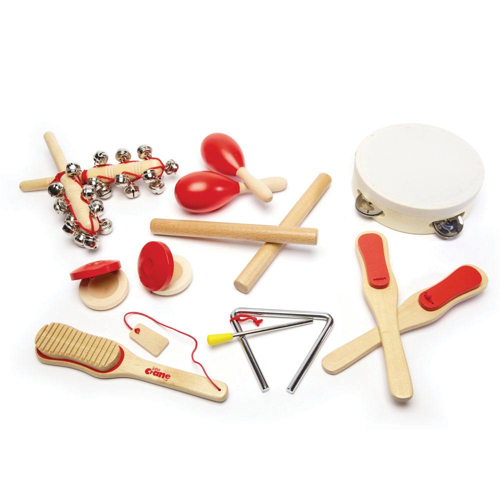 Musical Instruments Set,The Musical Instruments Set is the perfect introduction to the world of music for budding little musicians. With a variety of instruments to explore, kids can bang, jingle, jangle, and rattle away to their heart's content.This 14-piece set includes a tambourine, castanets, maracas, paddles, rhythm sticks, a scrape, bells, and a triangle, providing all the elements needed to create a whole musical band right at home. It's a guaranteed way to get the music flowing during playtime!Not o