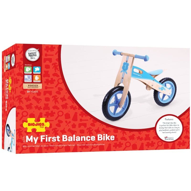 My First Balance Bike Blue,Introduce your little one to the joy of mobility with My First Balance Bike in Blue. Crafted from sturdy wood and designed with young riders in mind, this balance bike is the perfect way for toddlers to kick-start their journey towards two-wheeled adventures. Featuring a sleek blue design, this wooden balance bike is as stylish as it is functional. With its padded and adjustable seat, solid tyres, and easy-to-grip handlebars, it offers young riders a comfortable and secure riding 