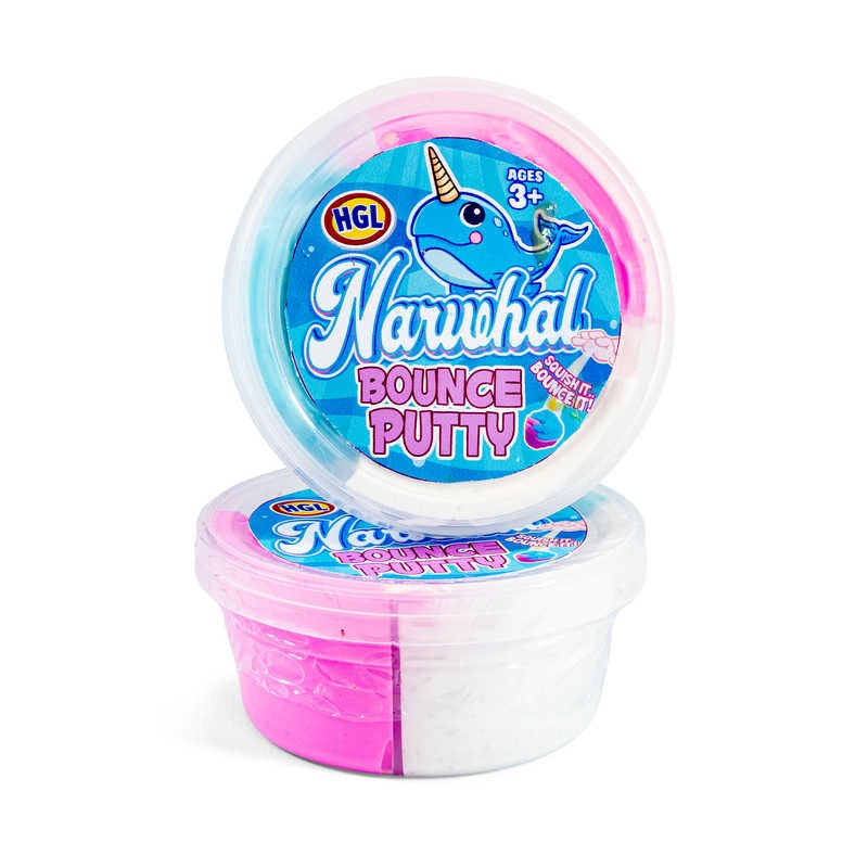 Narwhal Bounce Putty,Dive into a world of whimsy with our Narwhal Themed Bouncing Putty – the ultimate sensory experience! This tub of mixed putty colours, including blue, pink, and white, will transport you to an underwater wonderland where narwhals play. Crafted for endless fun, simply take a lump of this putty, roll it into a ball, and then throw or drop it onto a hard surface. Watch in amazement as it bounces just like a typical bouncy ball, yet you have the power to mould its shape as you wish. Whether