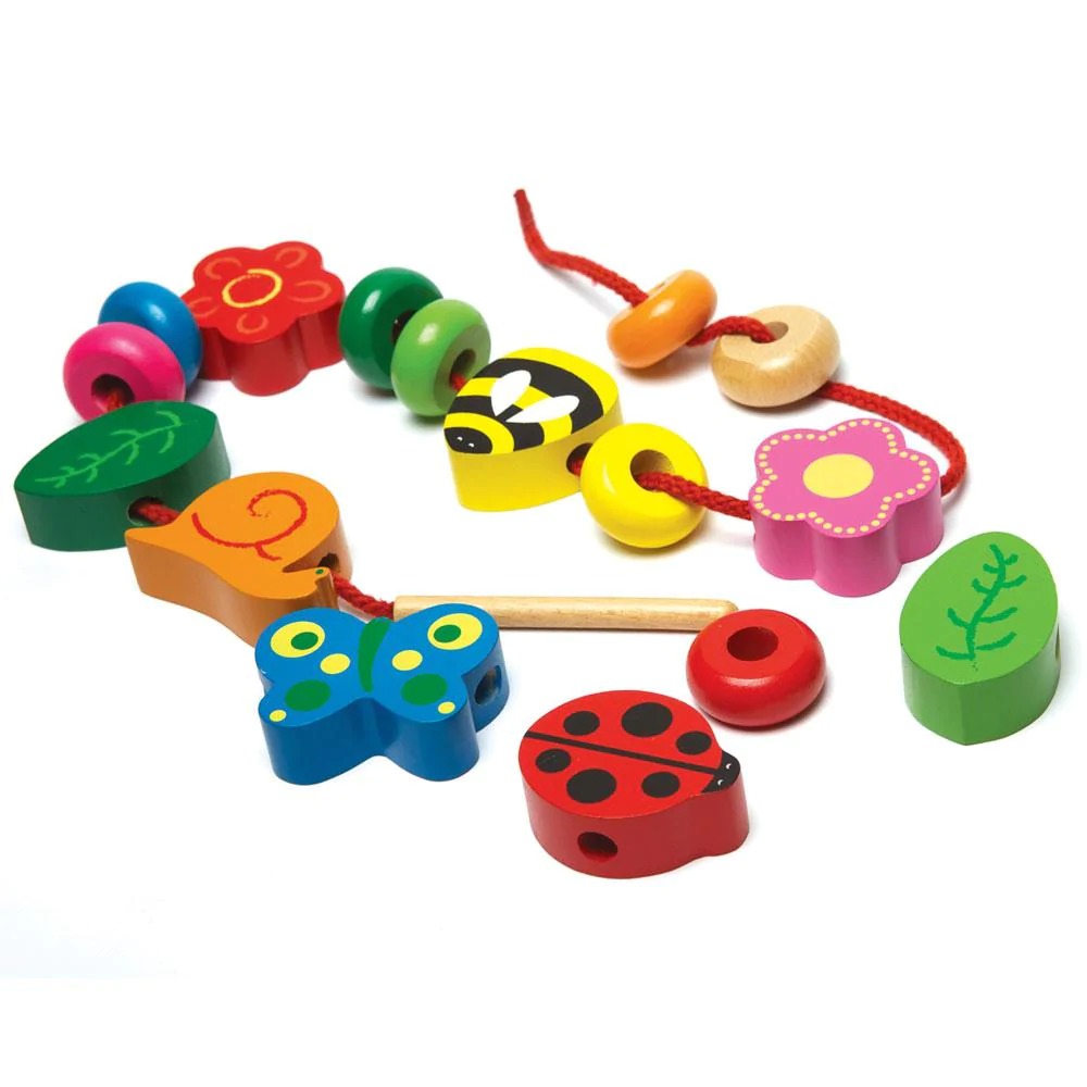 Nature Lacing Beads,These delightful wooden Nature Lacing Beads, in multiple shapes and colours, are a bold way to learn and practise lacing, counting, sorting and shape and colour recognition. The 16 beads include a variety of nature-inspired shapes including flowers, insects and leaves. The Nature Lacing Beads is a great first beading set, the beads are chunky and easy for little hands to grasp, hold, arrange, rearrange, stack and knock down. The Nature Lacing Beads set comes complete with one thick, long