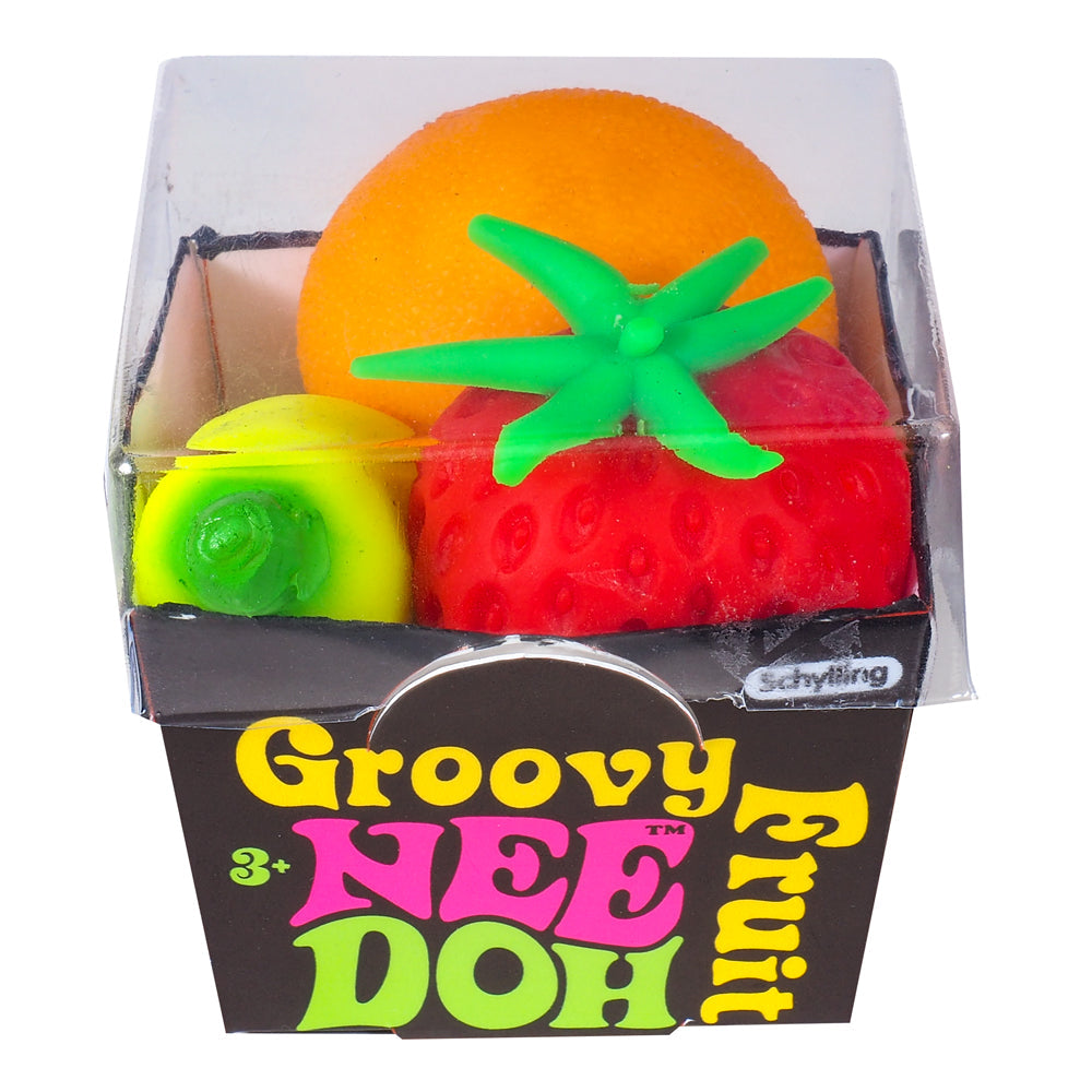 Nee Doh Groovy Fruits,Nee Doh Groovy Fruits: A Burst of Squeezable Fun Schylling’s Nee Doh Groovy Fruits is packed with fruity fun, offering a unique fidget toy experience. This set includes a Boss Banana, Outta Sight Strawberry, and Far Out Orange that can be squeezed, squished, pulled, and popped to your heart's content. Nee Doh Groovy Fruits Features: Fruity Variety: Includes three fun and colourful fruits – Boss Banana, Outta Sight Strawberry, and Far Out Orange. Squishy Fun: Made from a non-toxic, doug