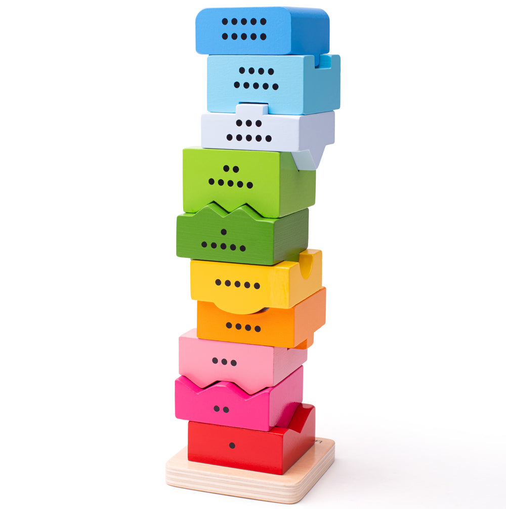 Number Tower,Number Toy Tower Our rainbow-coloured Number Toy Tower is a delightful way to engage and excite youngsters about learning to count. This interactive toy not only fosters numeracy skills but also encourages colour recognition, providing a comprehensive learning experience for children. Key Features: Educational Fun: Children can practice number recognition and learn to count from 1 to 10 by fitting each wooden piece next to its individually-shaped numerical neighbour. This hands-on approach to l