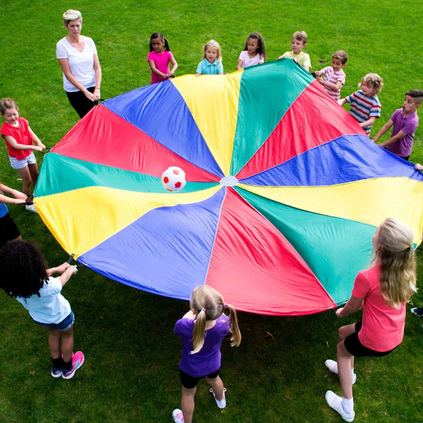 Parachute Games 5.5 Metre,Parachute Play - 5.5 Metre Parachute play is an innovative and enjoyable method for fostering new skills and development in children. With the 5.5-metre parachute, the possibilities for fun and learning are endless. Engaging in parachute games provides a comprehensive workout for the entire body, making it beneficial for everyone involved. It's an excellent way to enhance basic physical coordination while encouraging group interaction and cooperation. Crafted from vibrant, lightwei