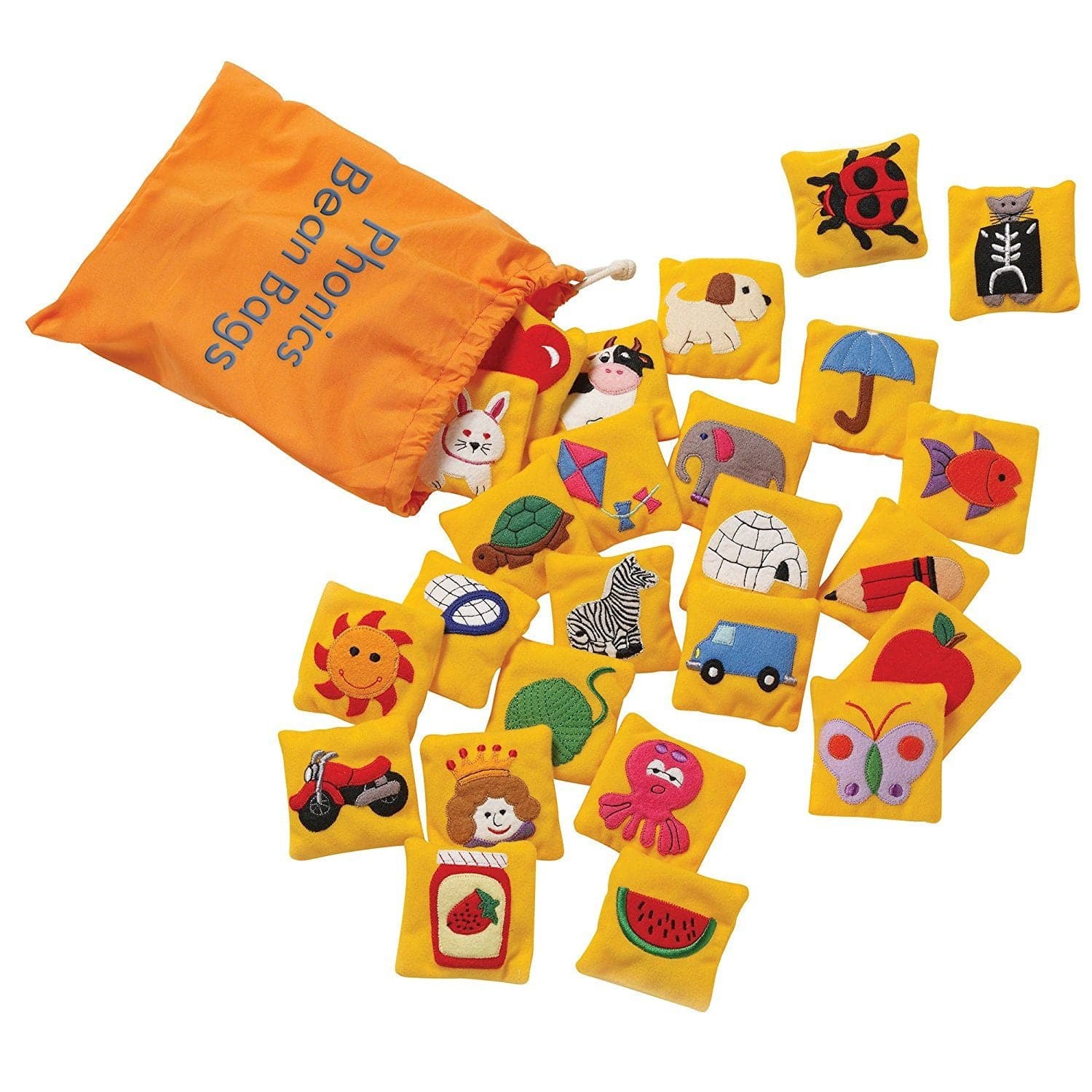 Phonics Bean Bags,These colourful 9cm embroidered Phonics bean bags provide an engaging and tactile way to reinforce letters and sounds, making phonics learning fun and interactive. Here's why they're a fantastic addition to any educational setting: Comprehensive phonics reinforcement: Each Phonics bean bag features an appealing picture representing a specific letter sound, helping children associate letters with their corresponding sounds. Additionally, special double-sided bean bags are included for short