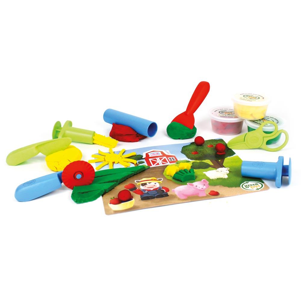 Play Mats And Tools Dough Set,Green Toys Dough Making Starter Kit The Green Toys Dough Making Starter Kit is the perfect set for young dough enthusiasts and creative kids who love engaging in imaginative play. With its comprehensive 11-piece design, this set provides everything needed for endless dough molding fun. Product Features: Comprehensive Set: Includes 1 star extruder, 1 spaghetti extruder, 1 scraper, 1 knife, 1 roller, 1 rolling cutter, scissors, 1 two-sided activity card play mat, and 3 dough tubs