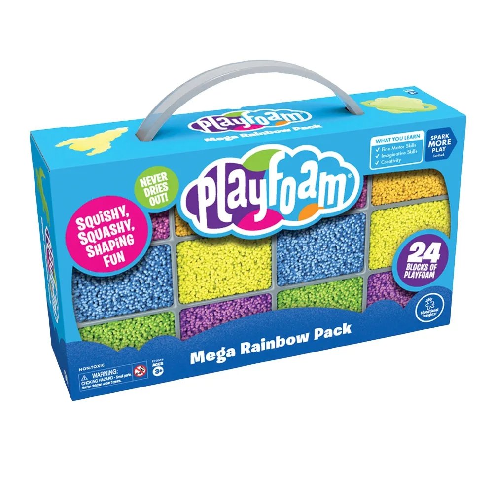 Playfoam Mega Rainbow Pack,Unleash boundless creativity with the Playfoam Mega Rainbow Pack, the ultimate sensory-stimulating play set for kids! This expansive pack features an array of squishy, squashy Playfoam in vibrant colours, including Classic, Sparkle, and Glow-in-the-Dark options. Playfoam Mega Rainbow Pack Description: The Playfoam Mega Rainbow Pack offers endless possibilities for creative play, making it perfect for group settings or solo adventures. Children can shape, sculpt, and mould Playfoam