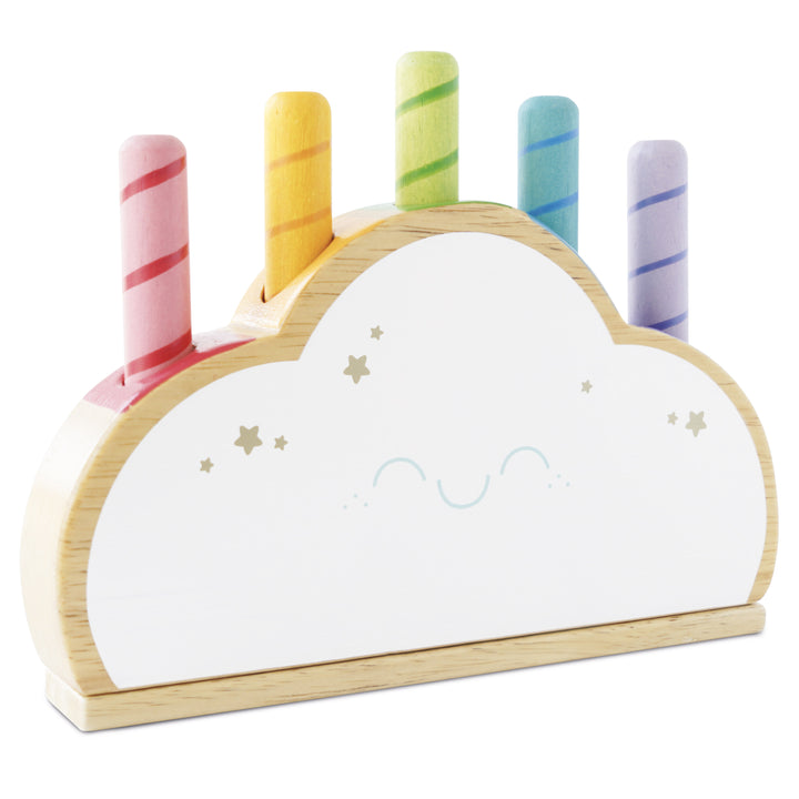 Rainbow Cloud Pop,Rainbow Cloud Pop Get ready for some popping good fun with the Rainbow Cloud Pop game! This classic interactive, spring-loaded wooden toy features five colourful rainbow pop-up rods in three different heights, offering endless entertainment for little ones and the whole family. Key Features: Interactive Play: Push down the rods, wait for them to pop, and try to catch them before they drop. A fun and engaging game that guarantees old-fashioned fun for all ages. Colourful Design: Made from s