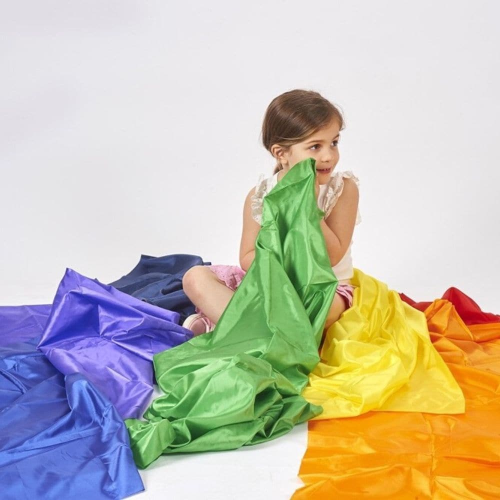 Rainbow Habutae Fabric Pack Of 7,Rainbow Habutae Fabric Pack Of 7 The Rainbow Habutae Fabric Pack of 7 is perfect for a wide range of activities, including loose parts play, dress-up, creating invitations to play, and enhancing treasure baskets and sensory areas. This vibrant, silky fabric will brighten up any playtime experience and stimulate children's creativity and sensory exploration. Key Features: Tactile and Silky: The fabric has a smooth, silky texture that is delightful to touch and interact with, 