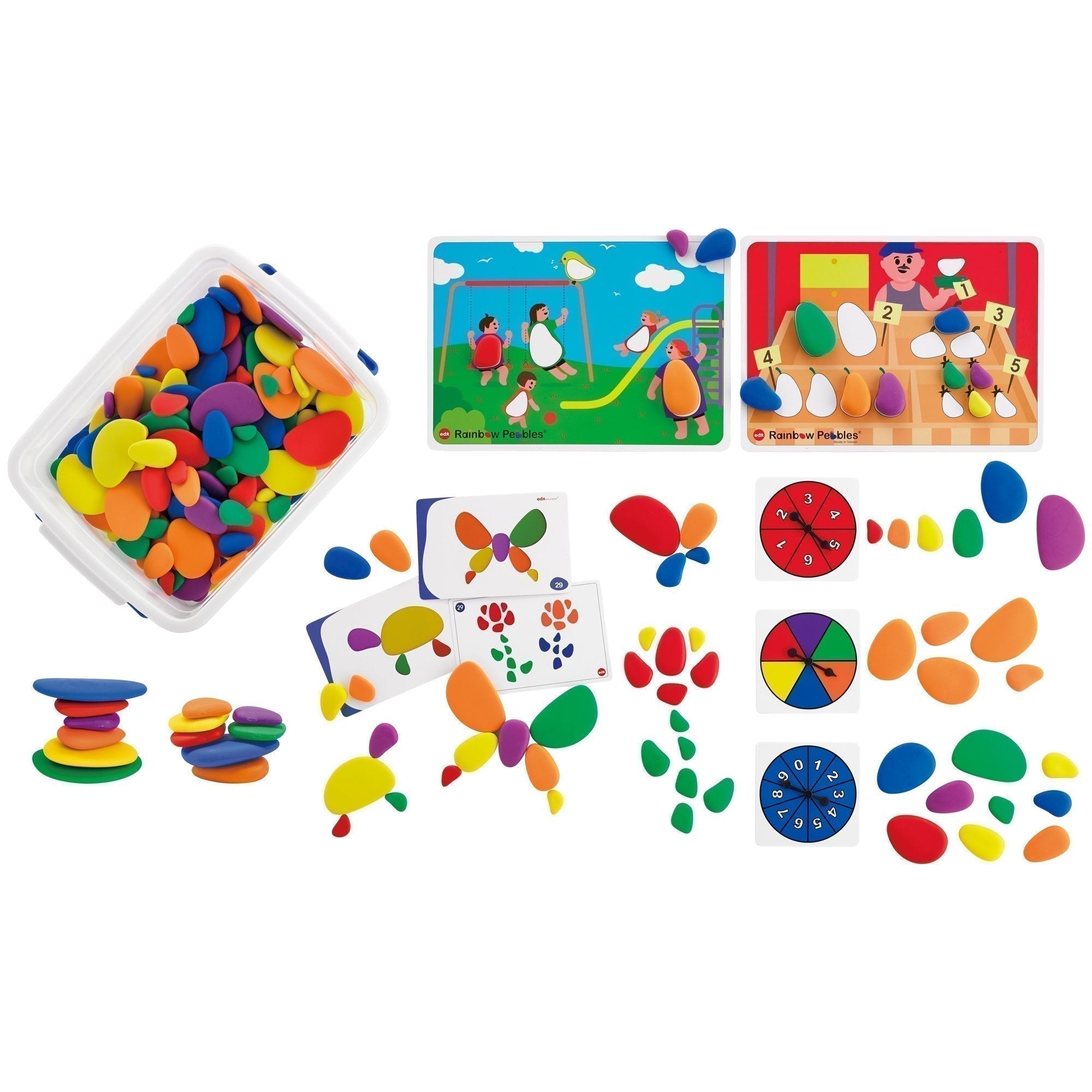 Rainbow Pebbles® Classroom Set,The edx education® Rainbow Pebbles® Classroom Set is fantastic for children to play, learn and get creative! These safe, smooth and tactile pebbles will spark your child's curiosity and encourage them to use their imagination to develop unique and interesting ways to incorporate them into play. Their odd shape makes them wobble when stacked, creating an extra challenge for young learners, and developing fine motor skills. Their rainbow colours and tangible texture make them id