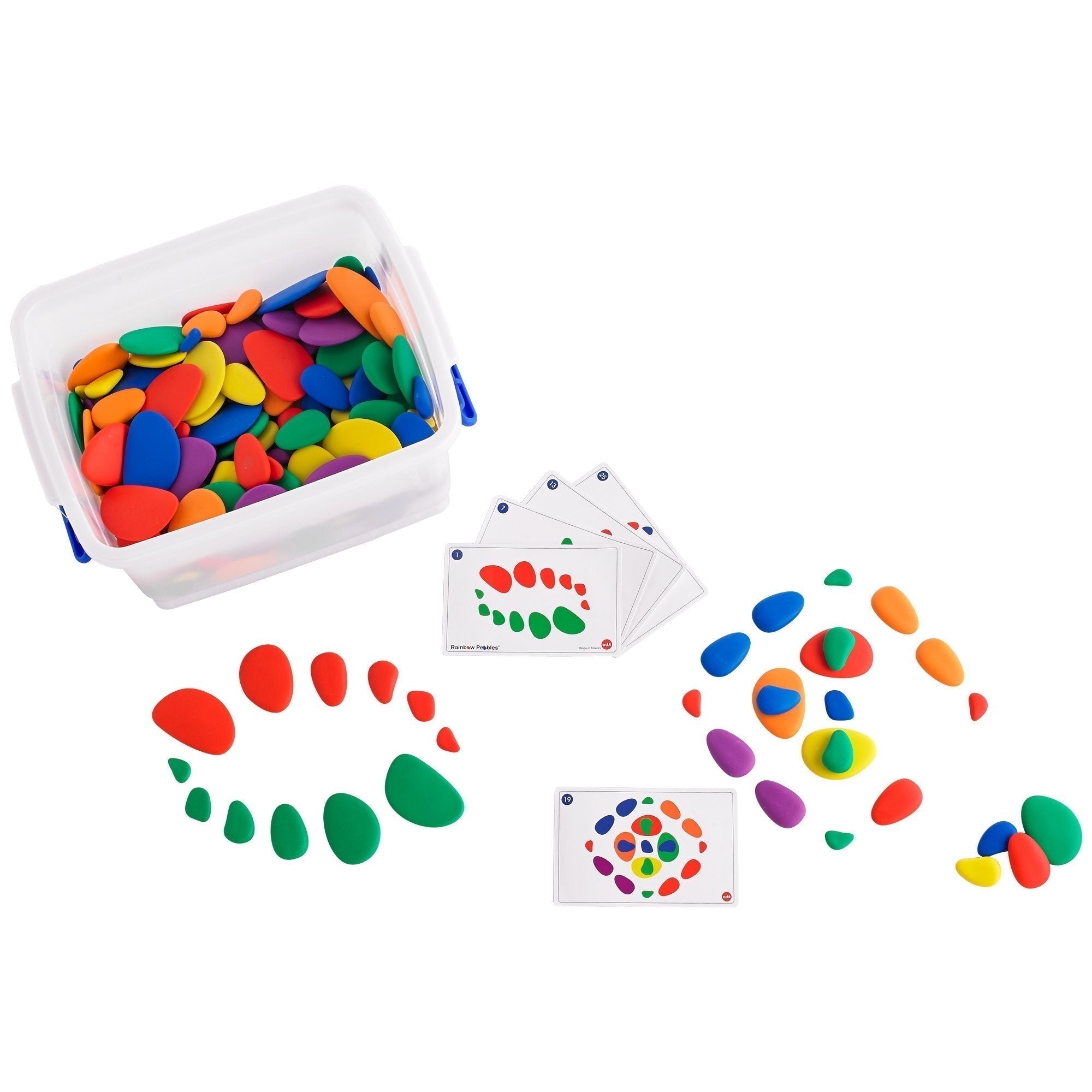 Rainbow Pebbles® Classroom Set,The edx education® Rainbow Pebbles® Classroom Set is fantastic for children to play, learn and get creative! These safe, smooth and tactile pebbles will spark your child's curiosity and encourage them to use their imagination to develop unique and interesting ways to incorporate them into play. Their odd shape makes them wobble when stacked, creating an extra challenge for young learners, and developing fine motor skills. Their rainbow colours and tangible texture make them id