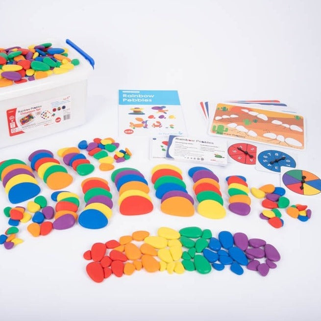 Rainbow Pebbles® Classroom Set,The edx education® Rainbow Pebbles® Classroom Set is fantastic for children to play, learn and get creative! These safe, smooth and tactile pebbles will spark your child's curiosity and encourage them to use their imagination to develop unique and interesting ways to incorporate them into play. Their odd shape makes them wobble when stacked, creating an extra challenge for young learners, and developing fine motor skills. Their rainbow colours and tangible texture make them id