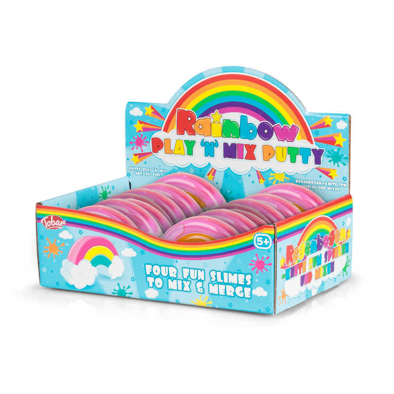 Rainbow Play N Mix Putty,Introducing our enchanting Rainbow Shaped Putty Set, where creativity knows no bounds! Crafted to inspire endless hours of fun and imaginative play, this set is as magical as it gets. Immerse yourself in the whimsical world of our rainbow-shaped container, ingeniously designed with five separate compartments. Each compartment is a portal to a realm of colourful possibilities, shaped like a radiant rainbow arch spanning a pair of fluffy clouds. Inside, discover three captivating colo