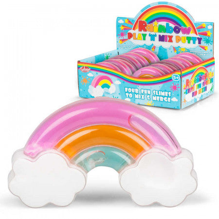 Rainbow Play N Mix Putty,Introducing our enchanting Rainbow Shaped Putty Set, where creativity knows no bounds! Crafted to inspire endless hours of fun and imaginative play, this set is as magical as it gets. Immerse yourself in the whimsical world of our rainbow-shaped container, ingeniously designed with five separate compartments. Each compartment is a portal to a realm of colourful possibilities, shaped like a radiant rainbow arch spanning a pair of fluffy clouds. Inside, discover three captivating colo