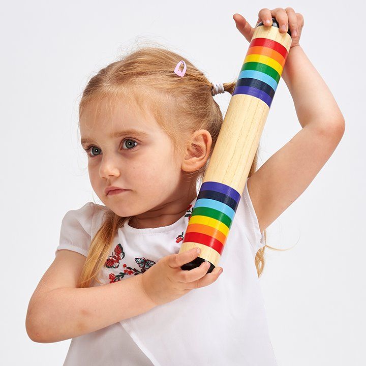 Rainbow Wooden Rainmaker,Introducing the Rainbow Wooden Rainmaker! Experience the soothing sound of rain with our Rainbow Wooden Rainmaker. Crafted from high-quality beech wood and adorned with vibrant rainbow stripes, this cylindrical rainstick is a delightful addition to any musical collection. Key Features: Sensory Exploration: Children can immerse themselves in the calming sound of falling rain by turning, rolling, or shaking the Rainbow Wooden Rainmaker. Its gentle, rhythmic sound offers a sensory expe