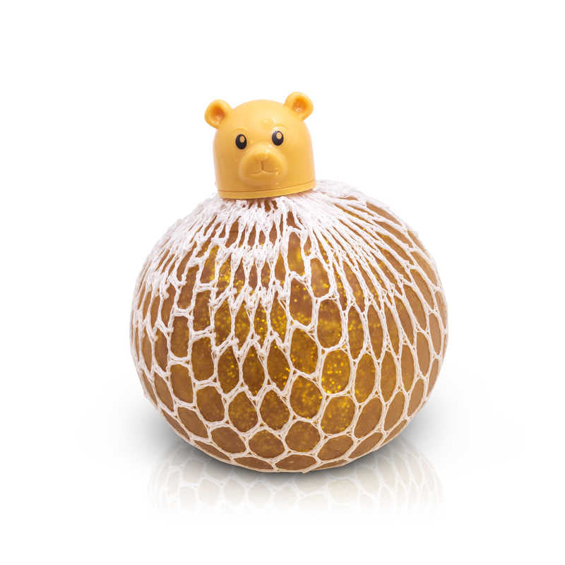 Squishy Mesh Pet Golden Bear,Introducing the Squishy Mesh Pet Golden Bear Meet our adorable Squishy Mesh Pet Golden Bear, a delightful squeezy toy that's sure to bring joy and squishy fun into your life! This rubber-like gel-filled ball is encased in a soft net mesh and topped with a charming bear head, adding an extra element of cuteness to your squishy experience. Product Features: Gel-Filled Squeezy Ball: Enjoy the satisfying squishiness of this gel-filled ball as you give it a gentle squeeze. Feel the s