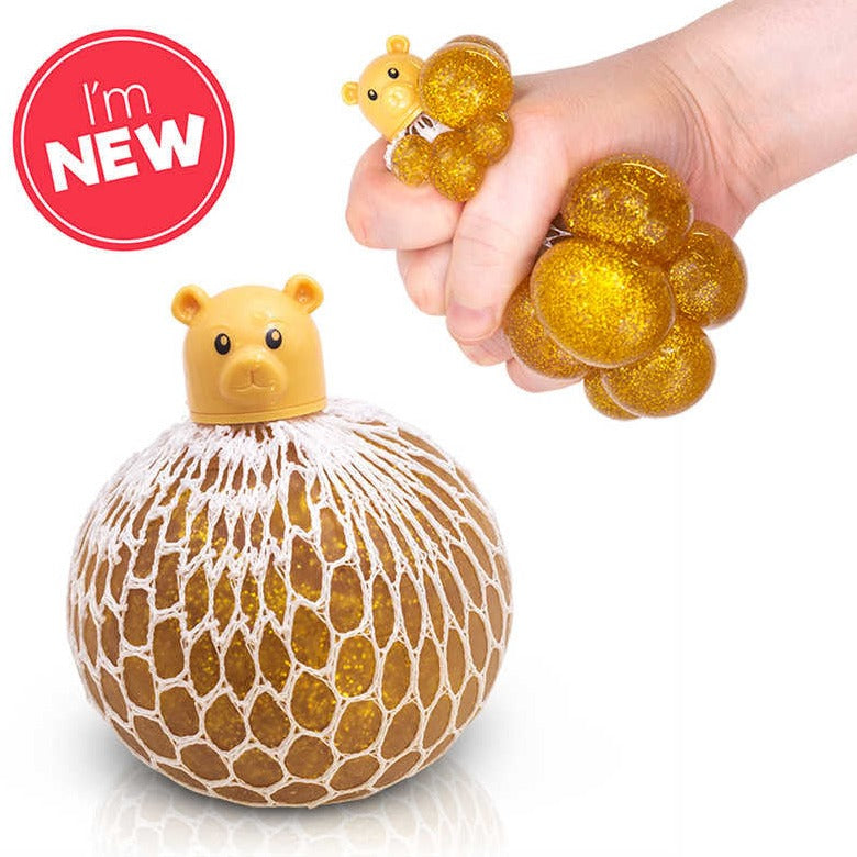 Squishy Mesh Pet Golden Bear,Introducing the Squishy Mesh Pet Golden Bear Meet our adorable Squishy Mesh Pet Golden Bear, a delightful squeezy toy that's sure to bring joy and squishy fun into your life! This rubber-like gel-filled ball is encased in a soft net mesh and topped with a charming bear head, adding an extra element of cuteness to your squishy experience. Product Features: Gel-Filled Squeezy Ball: Enjoy the satisfying squishiness of this gel-filled ball as you give it a gentle squeeze. Feel the s