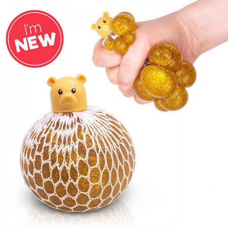 Squishy Mesh Pet Golden Bear,Introducing the Squishy Mesh Pet Golden Bear Meet our adorable Squishy Mesh Pet Golden Bear, a delightful squeezy toy that's sure to bring joy and squishy fun into your life! This rubber-like gel-filled ball is encased in a soft net mesh and topped with a charming bear head, adding an extra element of cuteness to your squishy experience. Product Features: Gel-Filled Squeezy Ball: Enjoy the satisfying squishiness of this gel-filled ball as you give it a gentle squeeze. Feel the s