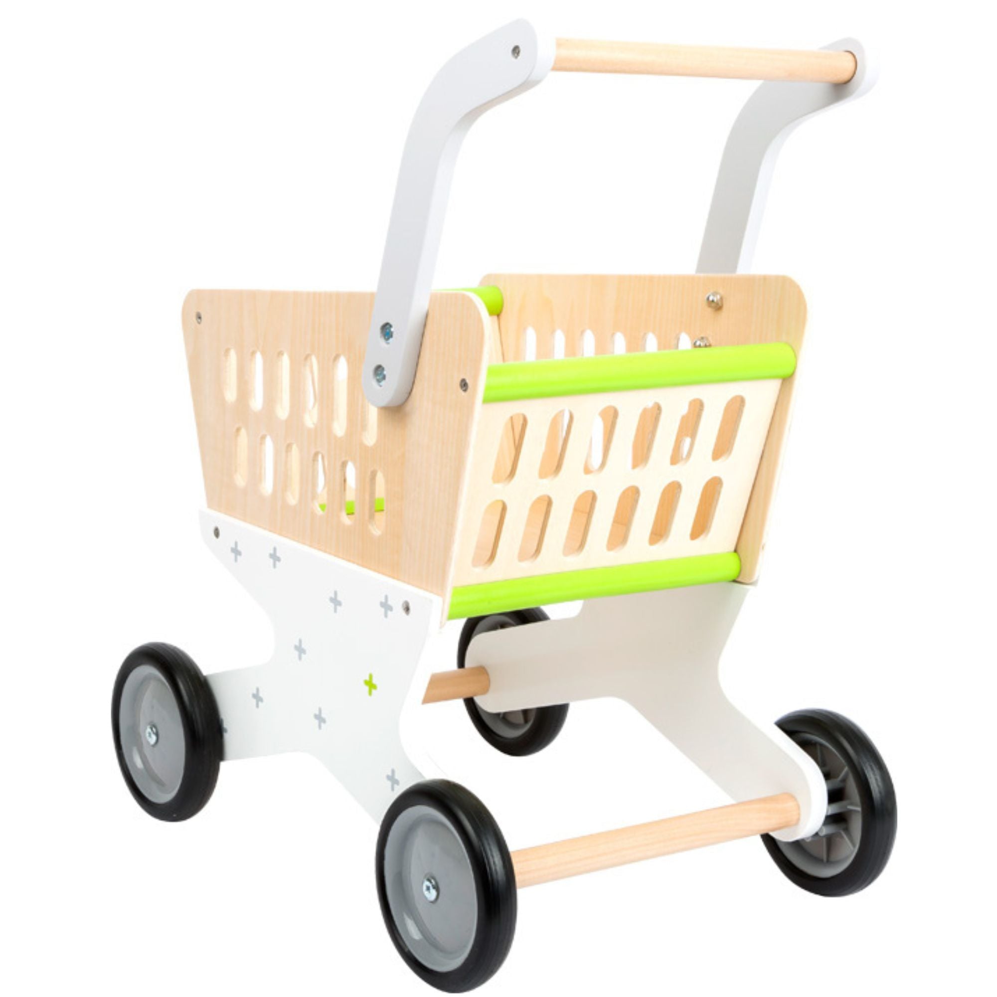 Wooden Shopping Trolley,This delightful shopping trolley provides ample capacity for small-scale grocery stores. With ergonomically formed handles and rubber-coated wheels, children can effortlessly manoeuvre it through the aisles. An aperture in the basket ensures kids can easily monitor their "purchases," making it perfect for pretend play. Features: Ergonomic Design: Ergonomically formed handles for easy handling. Smooth Mobility: Rubber-coated wheels for smooth pushing. Visible Basket: Aperture in the b