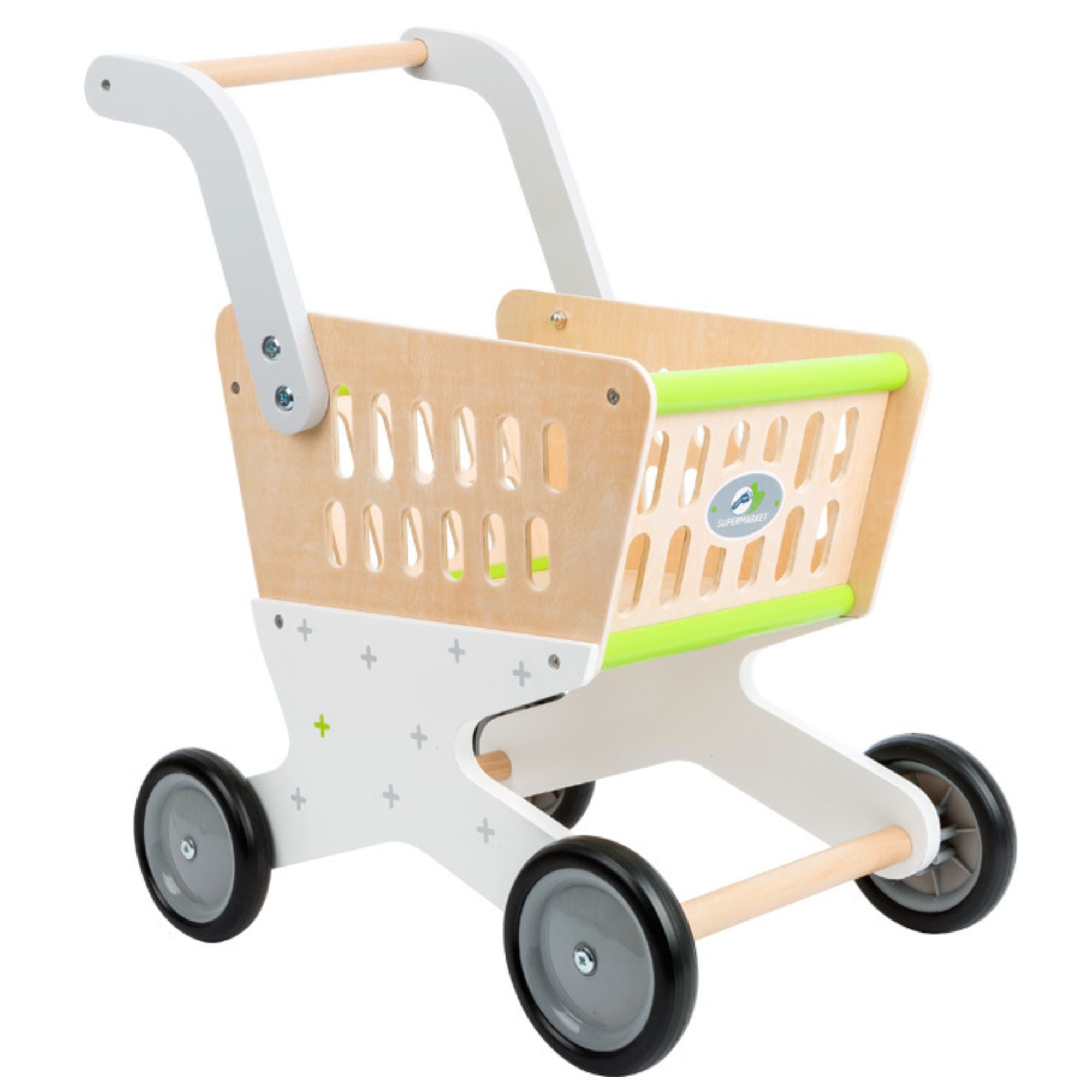 Wooden Shopping Trolley,This delightful shopping trolley provides ample capacity for small-scale grocery stores. With ergonomically formed handles and rubber-coated wheels, children can effortlessly manoeuvre it through the aisles. An aperture in the basket ensures kids can easily monitor their "purchases," making it perfect for pretend play. Features: Ergonomic Design: Ergonomically formed handles for easy handling. Smooth Mobility: Rubber-coated wheels for smooth pushing. Visible Basket: Aperture in the b